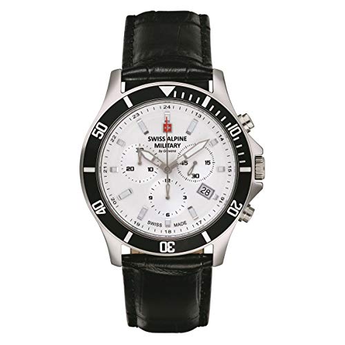 Swiss Alpine Military Men's Watch Chronograph Analogue Quartz 7022.9 Leather, Black/Steel/Silver - 9532sam, Strap.