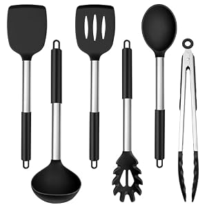 Joyfair 6 Pieces Kitchen Utensils Set, Silicone with Stainless Steel Core Cooking Utensils Set, Black Gadgets Tools Include Spatula Turner Spoon, Non Toxic &Non-Stick, Heat Resistant & Dishwasher Safe