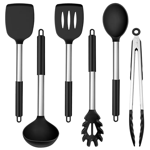 Joyfair 6 Pieces Kitchen Utensils Set, Silicone with Stainless Steel Core Cooking Utensils Set, Black Gadgets Tools Include Spatula Turner Spoon, Non Toxic &Non-Stick, Heat Resistant & Dishwasher Safe