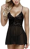 Charmnight Babydoll Sexy Lingerie for Women Lace Nightwear Sleepwear Set（Black-L）