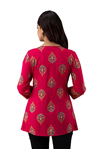 Image of DMP FASHION Women's Rayon Classic Printed Boota Top with Beautiful Tassels and Buttons at Front Black