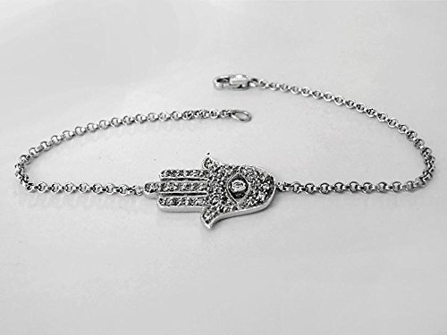 Sovats Hamsa Hand Chain Bracelet For Women Set With White Cubic Zirconia 925 Sterling Silver Rhodium Plated - Lucky Symbol And Protection Jewelry Bracelet, Size 7" #TOP6