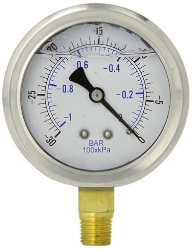 1/4" NPT Lower Mount Liquid Filled Pressure Gauge with 2.5" Dial - -30-0 PSI - for Commercial or Industrial Hydraulic & Pneumatic Systems - Compressor Pressure Gauge Replacement