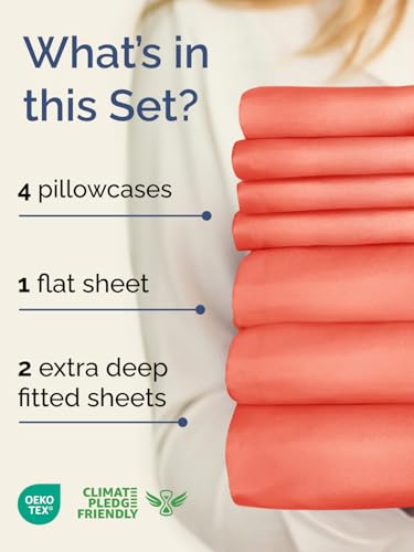 Image of Extra Deep Split King Sheet Set - 7 Piece Breathable and Cooling Sheets - Hotel Luxury Bedding for Women, Men, Kids & Teens - Easy Secure Fit - Soft, Wrinkle Free & Comfy - Extra Deep Pockets - Coral