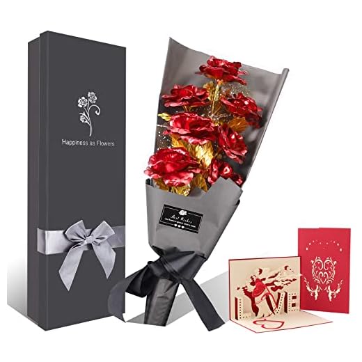 Ramo Flores Rosa Chapada en Oro, 6 Piezas Ramo Rosa Artificiales de Papel Oro con Caja de Regalo, Regalo Ideal para el día de San Valentín, día de la Madre, Aniversario, cumpleaños, Navidad (Rojo)