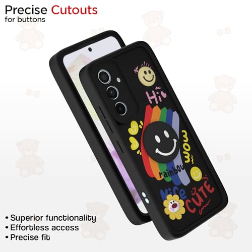 Image of Pikkme Back Cover for Samsung Galaxy A35 5G | Soft Silicone| Cute Rainbow Smile & 3D Cartoon Flower Design | Shockproof Raised Camera Protection Bumper Case (Black)