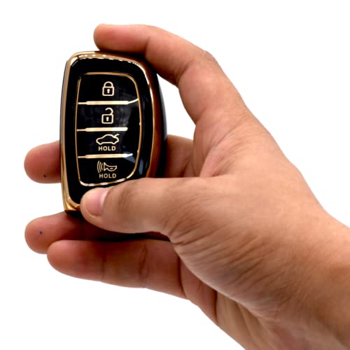 Image of KMH TPU Gold Car Smart Key Cover Compatible for Hyundai Alcazar Creta 2022 Venue i20 Tucson Elantra 4 Push Button Smart Key Shell Case Holder, Key Protector (Black Gold) Pack of 2