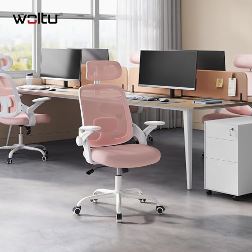 Sedia Ufficio Ergonomica con Poggiatesta e Braccioli Regolabili, Supporto Lombare, Poltrona Scrivania Girevole in Rete Traspirante Funzione Dondolo, Rosa - Sedia gaming - Immagine 1