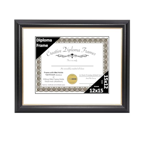 Creative Picture Frames 12" x 15" Rockefeller Black with Gold Rim Diploma Frame, Displays 12" x 15" Certificate or 16" x 20" Document without Mat, College Degree Frame, Full-Strength Glass, White Mat