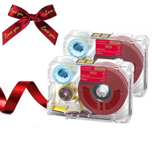 Phomemo A30 P15 Exclusive Embellish Gold Text Print on Red Satin Ribbon Fabric Ribbons Custom Text for Gift Wrapping Wedding Bouquets DIY Crafts Valentines Day Party Decor 12mm x 5m 2 Packs