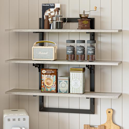 Bestier Floating Shelves for Wall, 32 inch Kitchen Shelves Wall Mounted, 3 Tier Coffee Bar Shelf with Foldable Brackets, Industrial Display Shelf for Bathroom, Living Room, Retro Grey