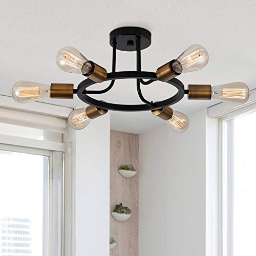 Weesalife Modern Sputnik Chandelier Ceiling Lighting 6 Lights Black and Brass Semi Flush Mount Ceiling Lights Rustic Starburst Style Ceiling Lamp for Kitchen Dining Room Foyer Hallway
