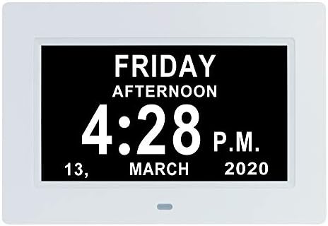 LaMi Products 7 Inch Digital Day Date Time Clock - 12 Alarm Options,Auto-Dimming,12/24h,Extra Large Non-Abbreviated Date Day Month Dementia Clock for Seniors,Impaired Vision,Memory Loss (White)