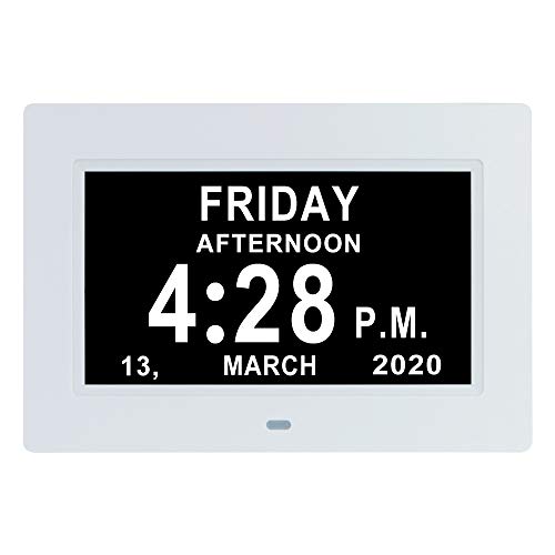 Lami Products 7 Inch Digital Day Date Time Clock - 12 Alarm Options,Auto-Dimming,12/24H,Extra Large Non-Abbreviated Date Day Month Dementia Clock For Seniors,Impaired Vision,Memory Loss (White) #TOP21