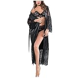 JISHII Negligees für Damen Spitzenborte lange Ärmel Strickjacke mit Gürtel Extradünn Atmungsaktiv Bequeme Polsterung Schlaf Nachthemden jeden Tag Hipster Hoher Verführerisch Schlafanzüge