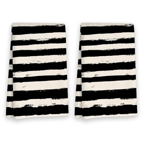 AEYCLODY Abstract Stripe Kitchen Towels Set of 2, Black and Off-White Absorbent Hand Towel for Kitchen Bathroom, Modern Line Art Decor Tea Dish Towels for Drying Dishes with Loop, 16x26 Inch