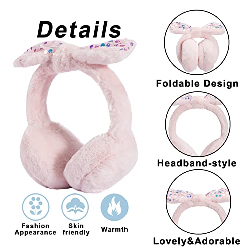 Golden Scute Cute Earmuffs For Girls, Winter Warm Foldable Muffs Fluffy Faux-Fur Ear Muffs With Removable Bow（Cat Baby Pink） #TOP2