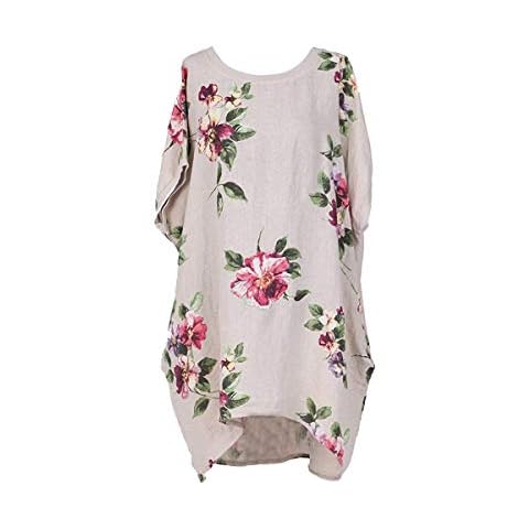 LushStyleUK New Ladies Italian Linen Floral Pocket Dress Women Lagenlook Dress Plus Sizes (Beige) Cover