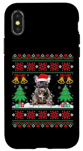 Custodia per iPhone X/XS French Bulldog Santa Hat Christmas Light Dog Lover Ugly Xmas