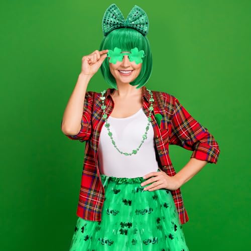 Mumufy 7 Pcs St. Patrick's Day Outfits Leprechaun Costume Accessories for Women Tutu Skirt Green Wig Headband Glasses Socks(Green) by Mumufy - Image 7