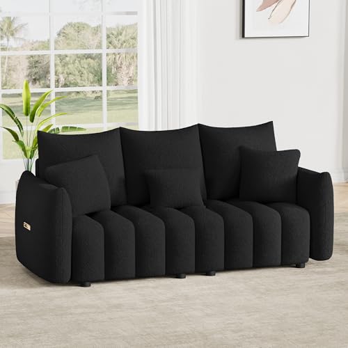 Image of OUYESSIR 81 inch Modern Sofa Couch, Comfy Upholstered Teddy Deep Seat Boucle Sofa, Modern 3-Seater Cloud Couch, Oversized Loveseat for Living Room Office Apartment, Black