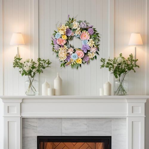 TEMPUS Spring Summer Wreath for Front Door 22 Inch Artificial Floral Wreath with Roses Peonies Hydrangeas Leaves for Door Wall Decoration Wedding Party Home Farmhouse Decoration by TEMPUS - Image 6