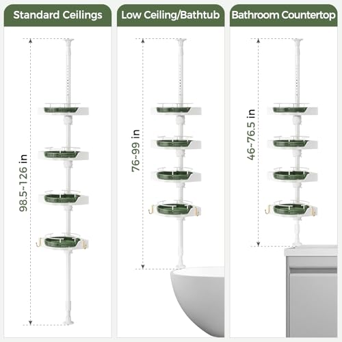 Image of AKINBAS 360 Rotating Shower Caddy Tension Pole with 4-Tier Rustproof Lazy Susan 35-128 Inch No Drilling Coner Shelves Adjustable Shower Rack for Bathroom Bathtub Washbasin Plant Storage (White+Green)