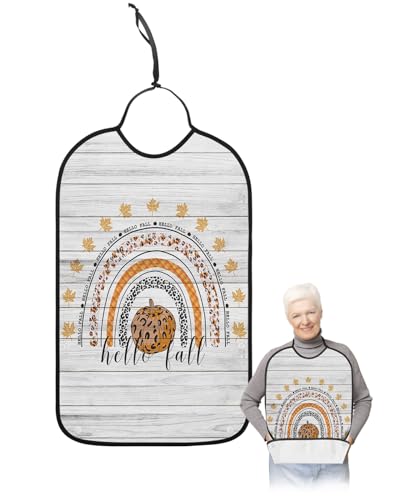 Hellp Fall Adult Bibs for Eating, Waterproof Bibs with Food Catcher & Adjustable Snap Closure, Thanksgiving Day Pumpkin Maple Leaf Vintage Wooden Clothing Protectors Adult Bibs for Elderly Women/Men