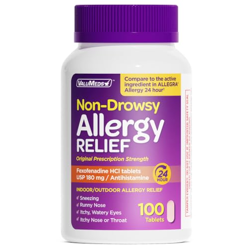 ValuMeds | Compare to Allegra | Fexofenadine HCl 180mg | 24-Hour Allergy Relief, Non-Drowsy Antihistamine Generic Medicine for Allergies, Hay Fever, Itchy Eyes | for Kids & Adults (100 Count)