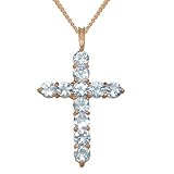 18ct Rose Gold Real Natural Aquamarine Womens Cross Pendant & Chain Necklace - Chain length 18