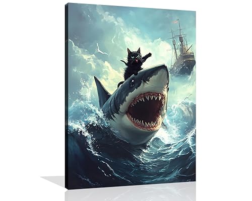 OWNANRTHM Black Cat Canvas Wall Art Cat Riding Shark Poster Funny Quirky Cat Biting Shark Painting Funny Kitten Wall Art Vintage Gothic Kitten Picture for Living Room Bedroom Wall Framed 12X16 inch