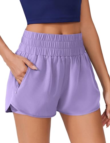 PINSPARK Womens Quick Dry Running Shorts Elastic Waistband Sweat Short Double Layer Fitness Shorts with Zipper Pocket Lilac XXXL