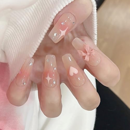 24pcsフルカバーユニークなハートと星のパターンで爪にプレスを押すアクリルの偽のホリデーマニキュアアートハートネイル
