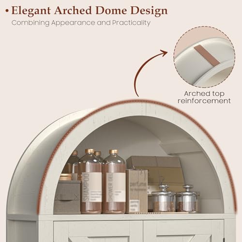 Image of Arched Bathroom Wall Cabinet, Farmhouse Medicine Cabinet with Barn Door and with Adjustable Shelf, 23.6 x 28.7'' Wooden Storage Cabinet Wall Mounted for Bathroom Laundry Room Kitchen, Rustic White