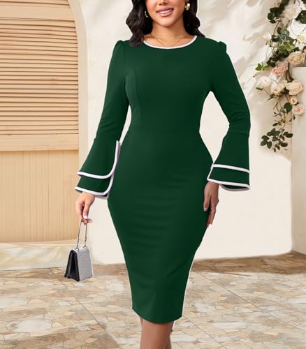 Image of Church Dress for Women Flared Sleeve Midi Pencil Dress Elegant Teacher Office Business Wear to Work Dresses
