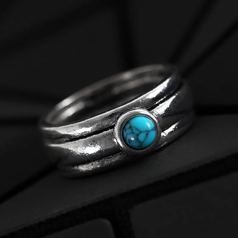 Vintage Round Synthetic Turquoise 925 Sterling Silver Ring Band Engagement Wedding Promise Bands with Blue Turquoise Stackable Multilayer Rings for Her 7#4