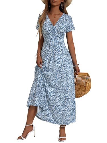 Image of HUHOT Women's Short Sleeve Wrap V Neck Dresses for Wedding Guest Summer Floral Maxi Sundresses with Pockets Boho Dress