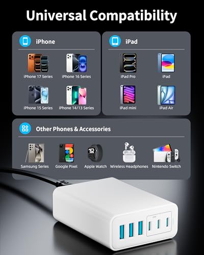 Image of 105W USB C Charger Block, 6-Port USB C Charging Station GaN III PD 20W Laptop Fast Charger Adapter for iPad Pro /Air /Mini, iPhone 17 /16 /15 /14 /13 /12 /11, Samsung and More (Cable Organizer Included)