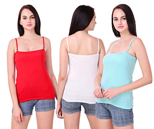 Image of Set of 3 Spaghetti Camisole Vest Top Inner Wear Camis with Adjustable and Detachable Strap (Free 1 Pair Transparent Strap) for Women and Girls