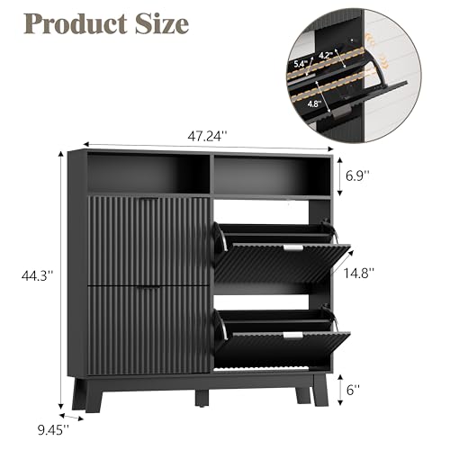 Image of Shoe Cabinet Storage for Entryway with 4 Flip Drawers, Fluted Narrow Shoe Organizer with Wooden Legs & Top Cubby, Freestanding Slim Shoe Storage Hidden Shoe Rack for Front Door Entrance, Black