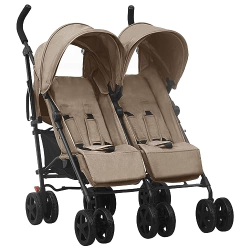 Hommdiy Geschwisterwagen mit 11 Rädern Korb Traggürtel Zusammenklappbar Verstellbar Kinderwagen Zwillingswagen Zwillingsbuggy Buggy Taupe Stahl