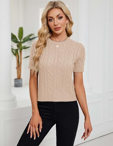 Image of Libsorge Womens Cropped Short Sleeve Sweater Fall 2025 Crewneck Sheer Knit Tops - Lightweight, Thin, Crop, Slim Fit