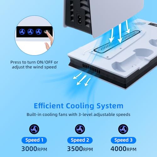 Mcbazel PS5 Slim Charging Station Fan 3-Speed Adjustable Multifunctional LED Cooling Charging Station Magnetic with Dual Charge Controller for Playstation 5/PS5 Slim UHD/Digital Edition-White - Afbeelding 3