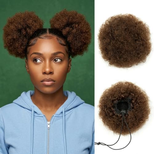Ponytail wig for little girls in brown, drawstring afro puff