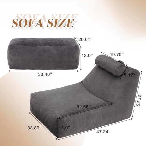 Homguava Bean Bag Chair Large Indoor Beanbag Sofa Lazy Beanbag with Neck Roll&Ottoman Cozy Floor Sofa with Washable Cover&Side Pocket for Bedroom (Dark Grey)