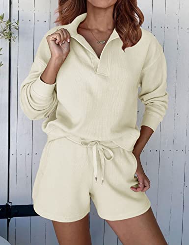 Merokeety Women's 2 Piece Waffle Knit Lounge Sets Long Sleeve Shorts Outfits Pjs With Pockets Cream #TOP5