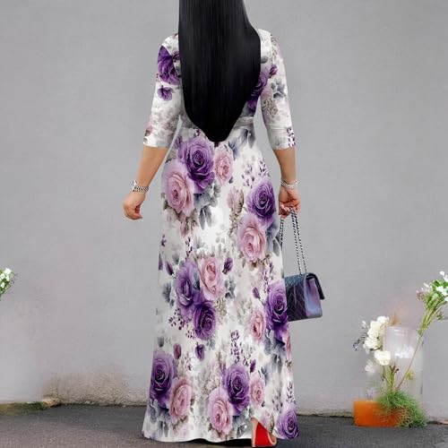Image of SUZONANA Plus Size Dresses for Women Floral Print Maxi Dress Flowy 3 /4 Sleeve with Belt