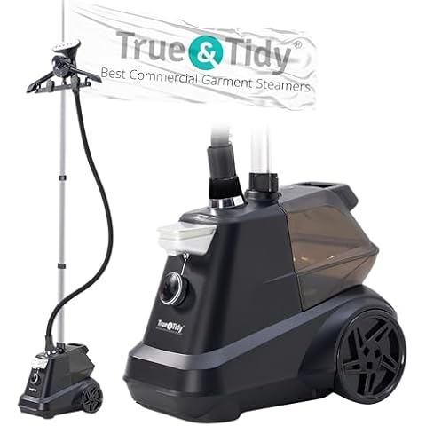 True & Tidy® Heavy-Duty Commercial Industrial Standing Garment Steamer for Clothes, 1800 watts, XL 3L water tank 90+ mins of Steam 3 Steam Settings, Step On/Off Control, Wheels for Easy Movement Cover