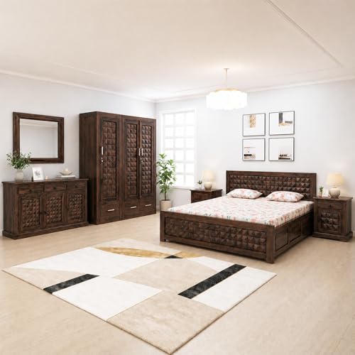 Image of SONA ART & CRAFTS Diamond Solid Sheesham Wood Bedroom Set | King Size Bed with Box Storage, Wardrobe, Cabinet with Mirror & Two Bedside Tables - Walnut Finish (Assembly Included)