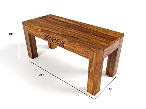 Image of Sheesham Wood 4 Seater Dining Table Set for Home Hall || Solid Wood Dining Table with 3 Chairs and Bench for Hotels || Dining Room Sets - Teak Finish